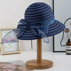 Striped Mesh Breathable Bucket Hats Bowknot Decor Foldable Basin Beach Hat