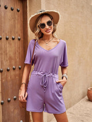 Casual V Neck Short Sleeve Summer Romper With Pockets
