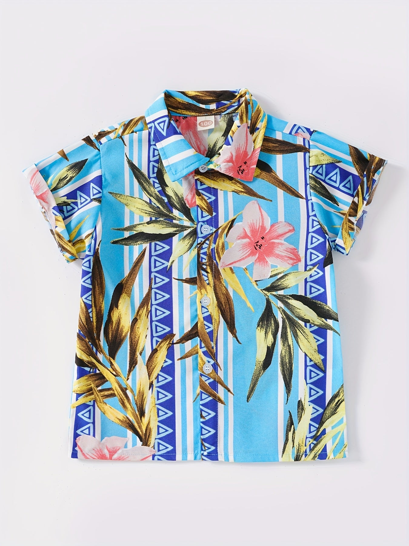 Boys Flower Leaf Print Striped Short Sleeves Shirt Vacation Beach