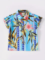 Boys Flower Leaf Print Striped Short Sleeves Shirt Vacation Beach