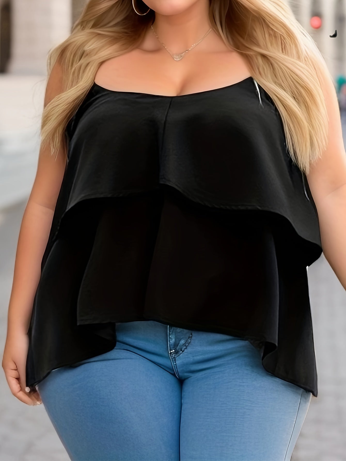  Solid Tie Shoulder Layered Cami Top Round Neck