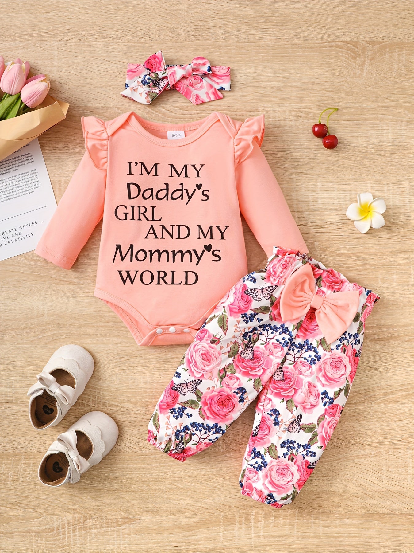 3pcs Baby Girls Letter And Floral Onesie Set