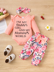 3pcs Baby Girls Letter And Floral Onesie Set