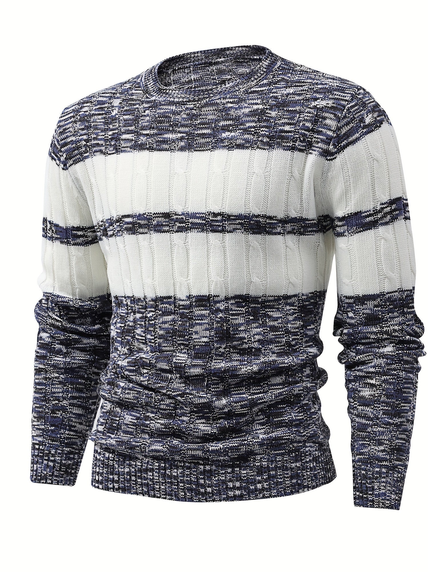 Men's Knitted Block Sweater Round Neck Warm Pullover for Fall Winter