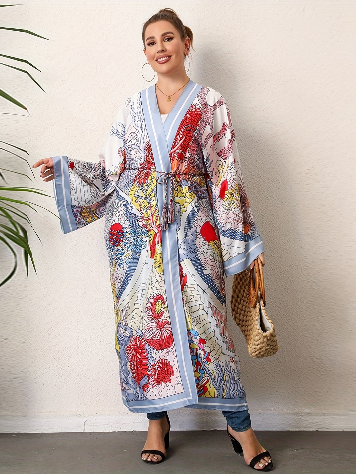  Boho Kimono Women's Plus Painting Print Long Sleeve Open Front