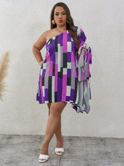  Colorblock Geometric Print One Shoulder Dress