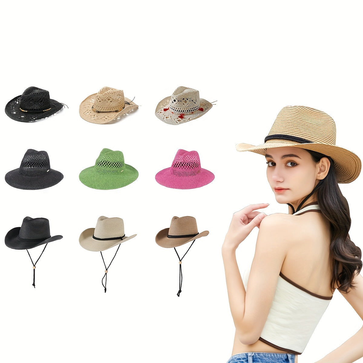 Boho Western Crochet Cowboy Hat Hollow Straw Fedora Cap