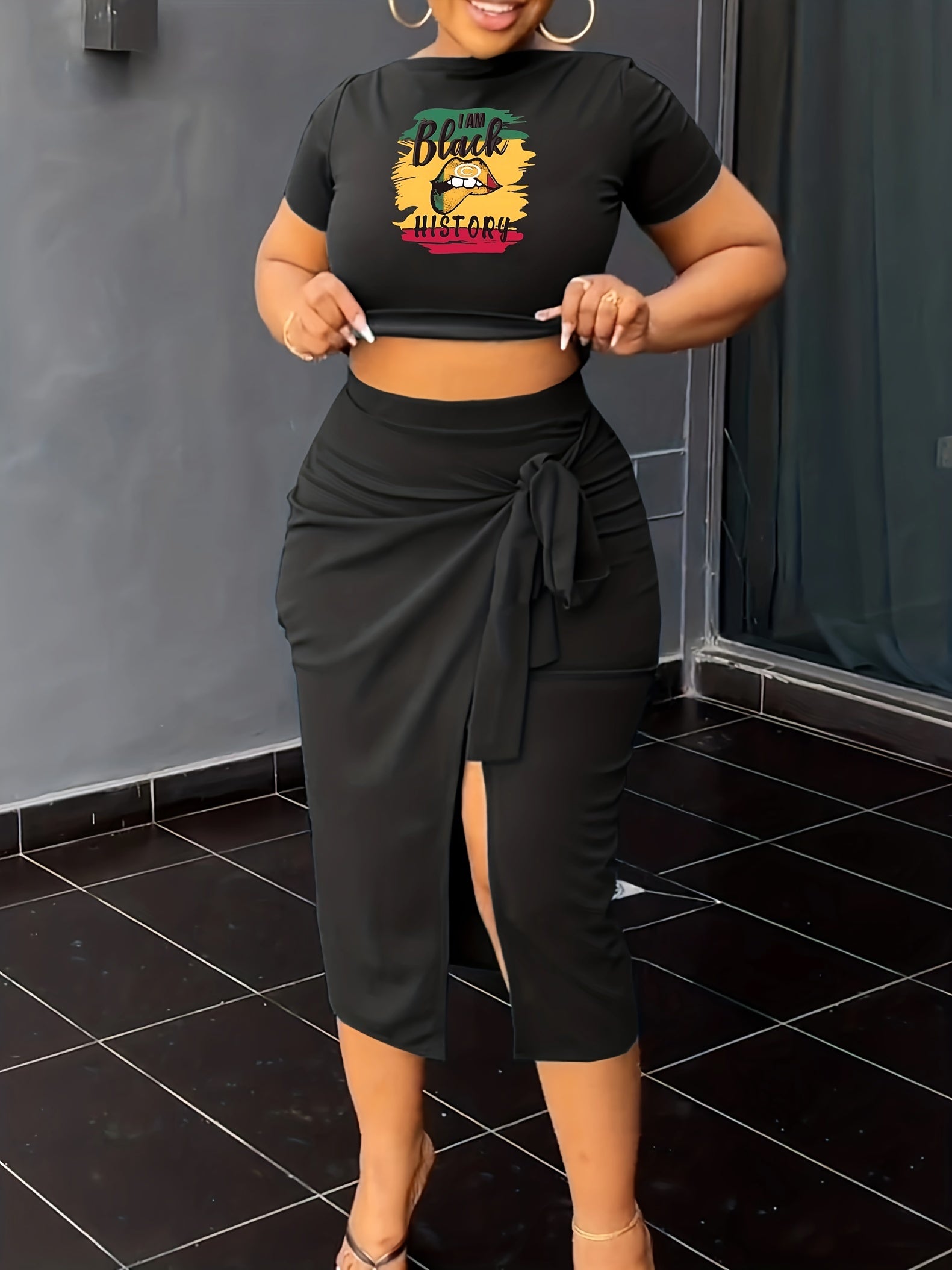  Juneteenth Graphic Crop Top & Split Knot Skirt Set