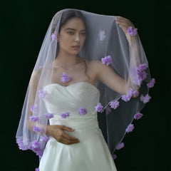 Purple Bridal Veil with 3D Floral Embellishments Short Soft Nylon Fabric