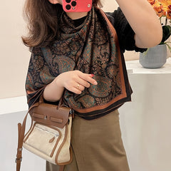 Brown Paisley Print Square Scarf Vintage Shawl Windproof Turban Hijab