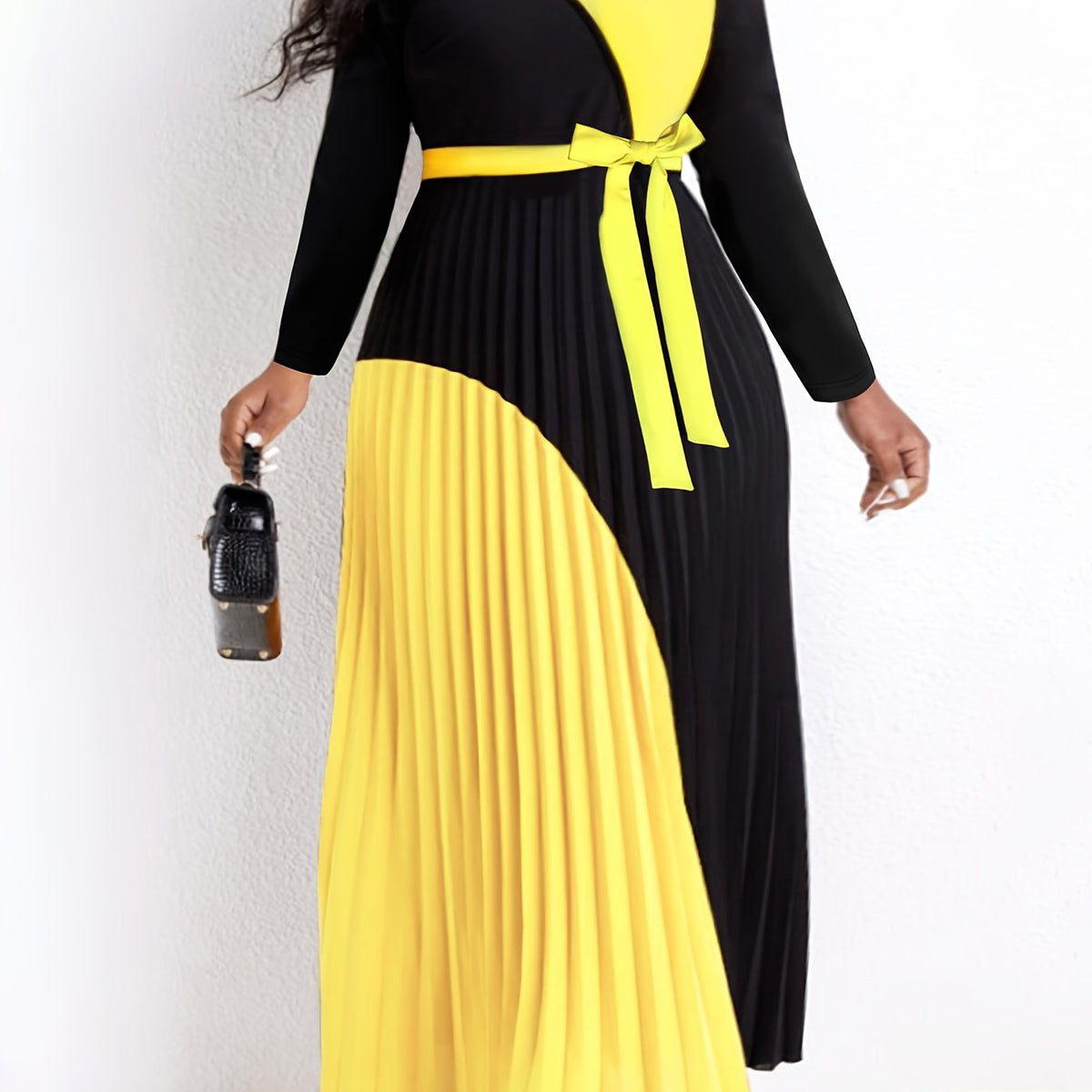 Colorblock Long Sleeve Maxi Dress With Belt