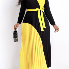  Colorblock Long Sleeve Maxi Dress With Belt