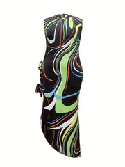  Sexy Dress Abstract Stripe Print Side Tie Bodycon Midi Dress
