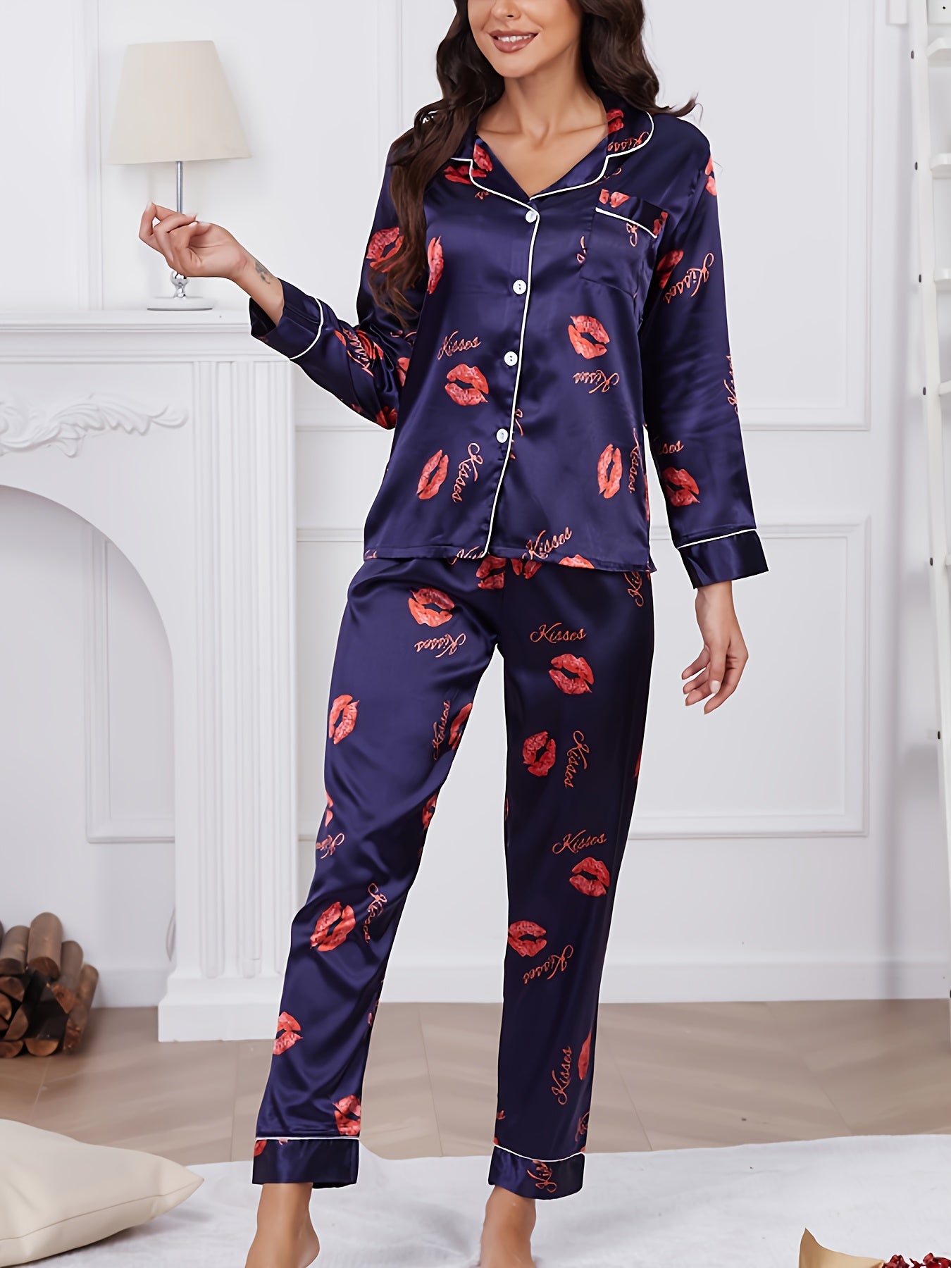 Lips & Letter Print Pajama Set Long Sleeve Top & Pants Women's Sleepwear