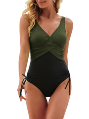 Ruched One Piece Swimsuit Drawstring Tie Side High Cut Bathing Suit