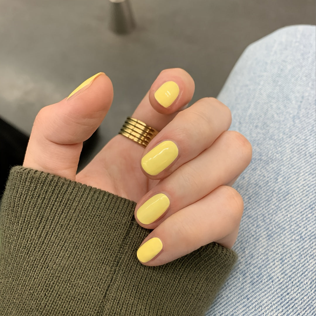 24pcs Yellow Matte Oval Acrylic False Nails Kit for Women