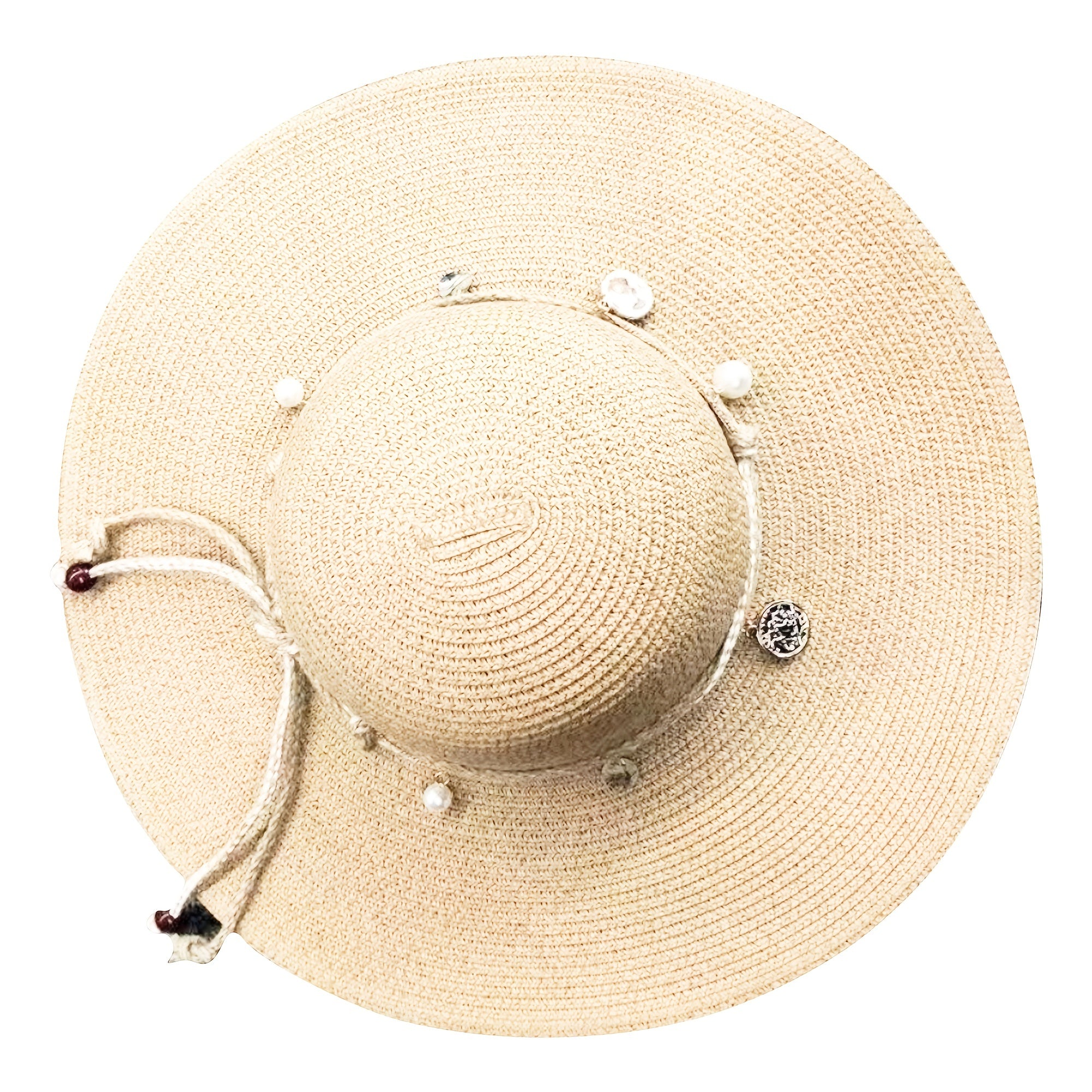 Boho Sun Hat Beads Solid Straw Foldable Travel Beach Hat