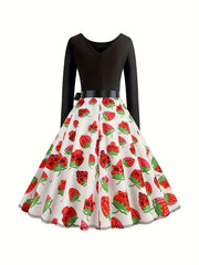  Women's Skull & Strawberry Print Long Sleeve Dress