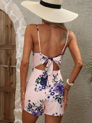 Boho Floral Print Romper Cut Out Twist Backless Knot Cami
