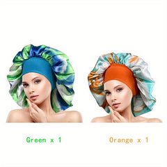2pcs Colorful Satin Bonnet Oversized Turban Cap Large Elastic Head Wrap
