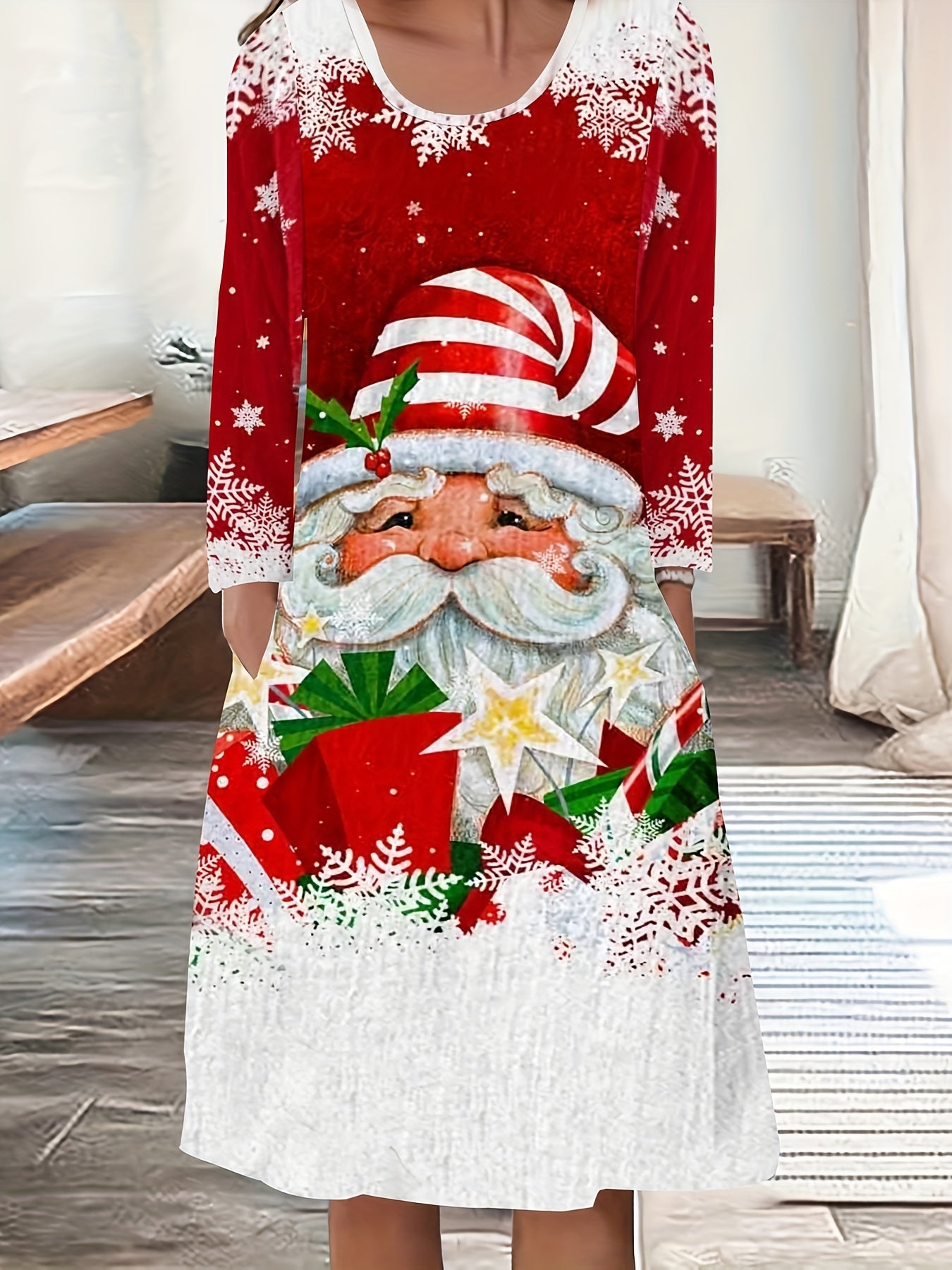 Women's Plus Santa Claus Print Long Sleeve Knee Length Dress
