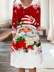 Women's Plus Santa Claus Print Long Sleeve Knee Length Dress