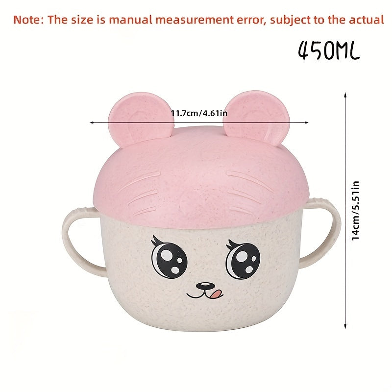 Children's Cartoon Double Handle Bowl with Lid and Spoon