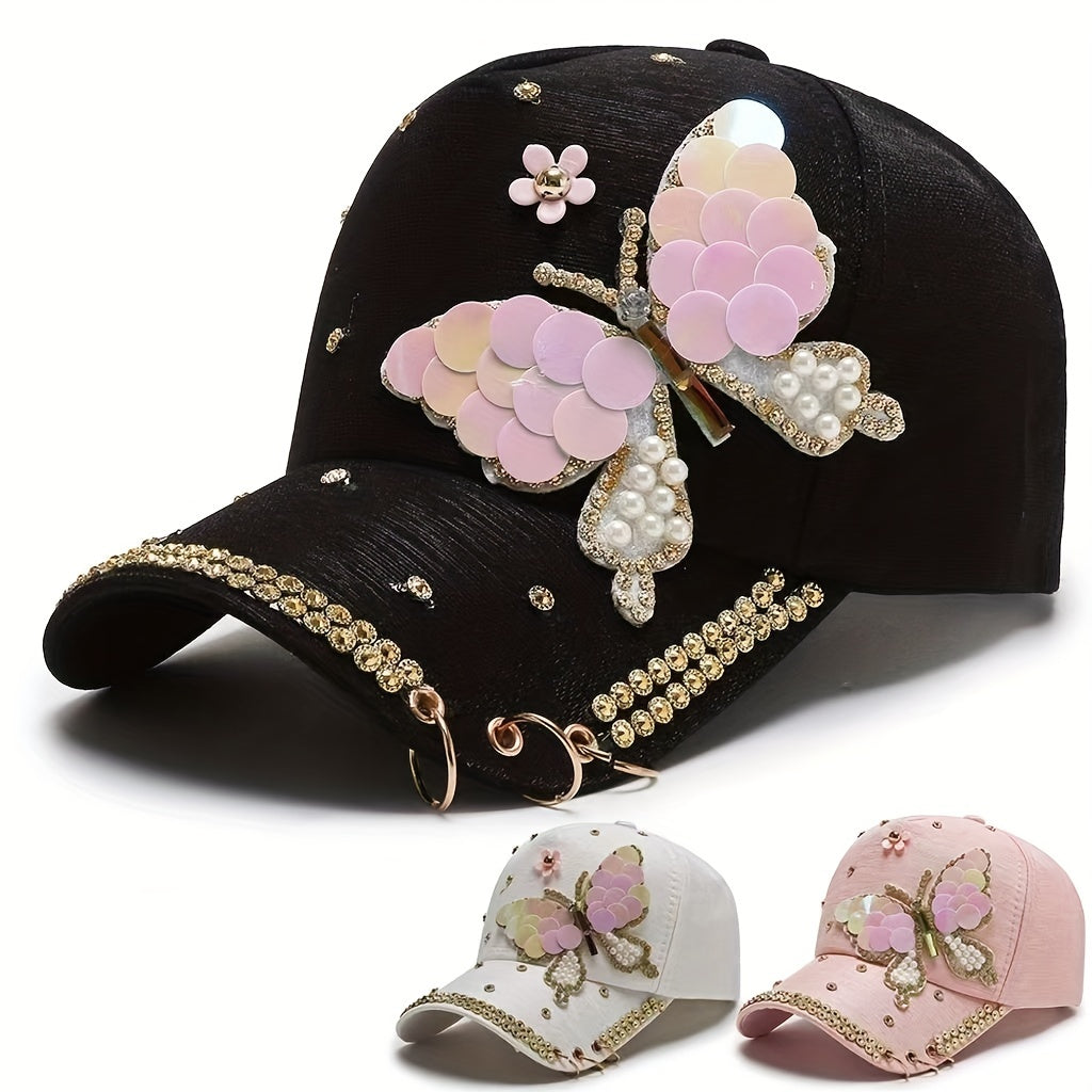 Sequin Butterfly Y2K Baseball Cap Rhinestone Faux Pearl Ring Decor