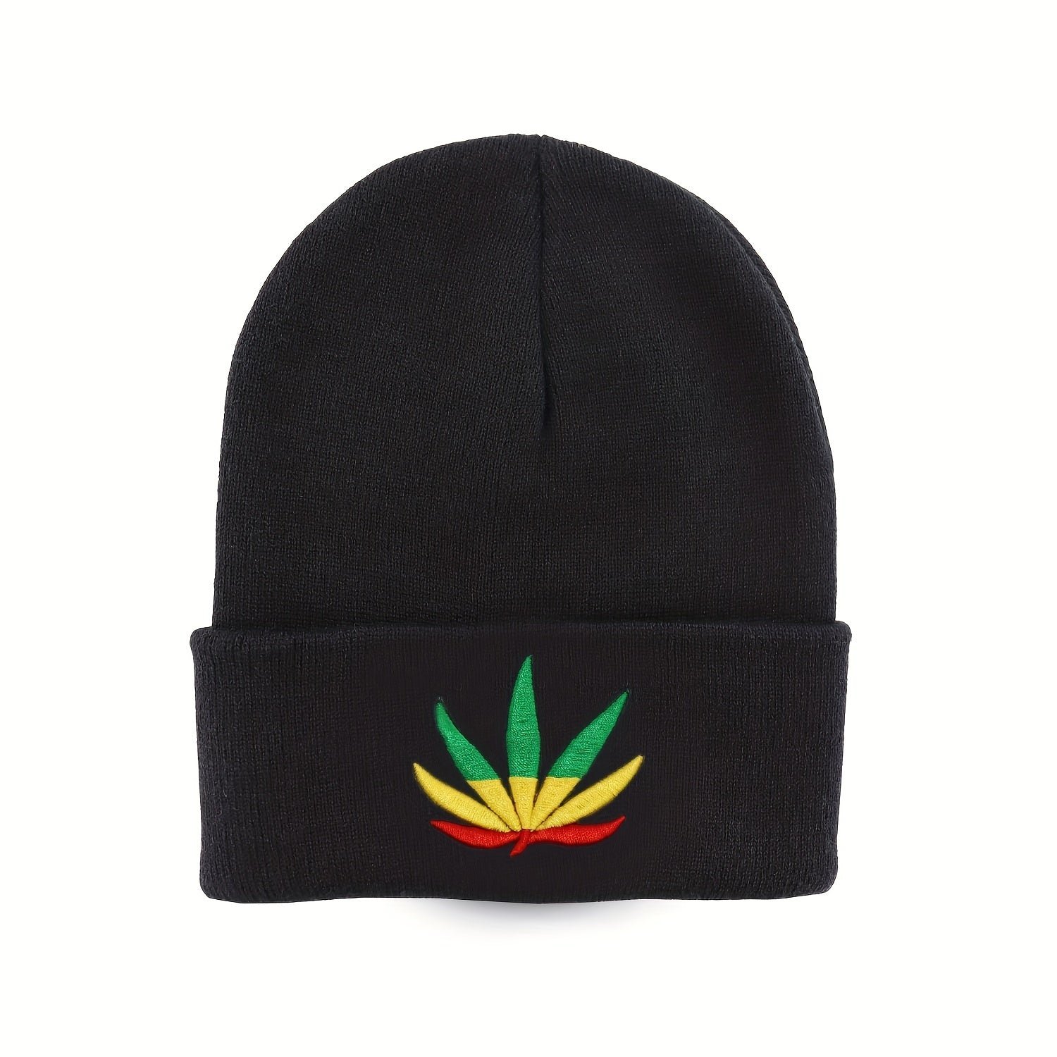 Leaf Embroidery Beanie Unisex Solid Knit Hat Warm Skull Cap