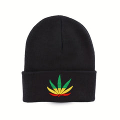 Leaf Embroidery Beanie Unisex Solid Knit Hat Warm Skull Cap