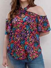  Allover Floral Print Cold Shoulder Cross Neck Top