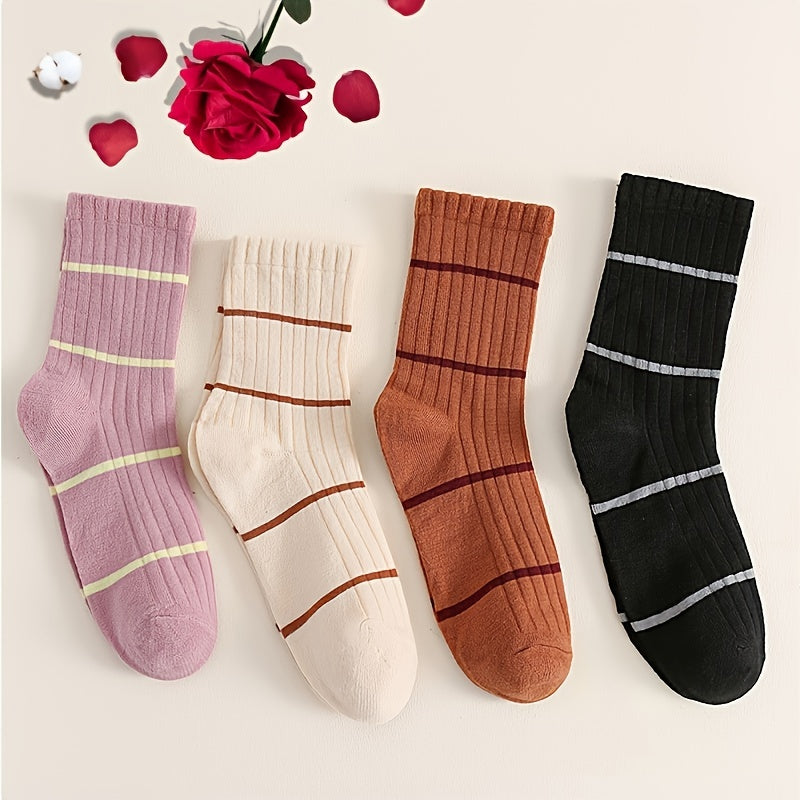 Set of 4 Comfy Retro Striped Crew Socks Women's Stockings