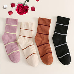 Set of 4 Comfy Retro Striped Crew Socks Women's Stockings