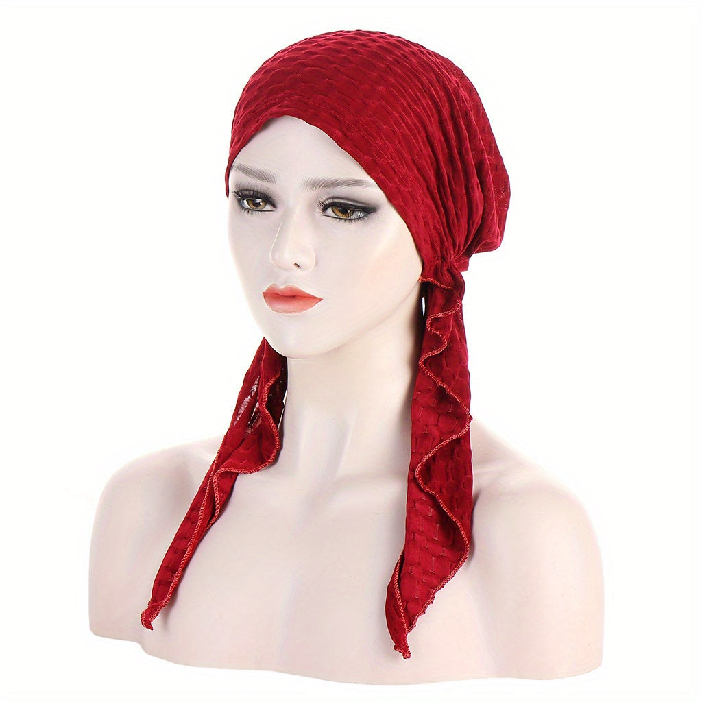 Solid Embossed Turban Cap Elastic Headscarf Women Ramadan Hijab Bandana