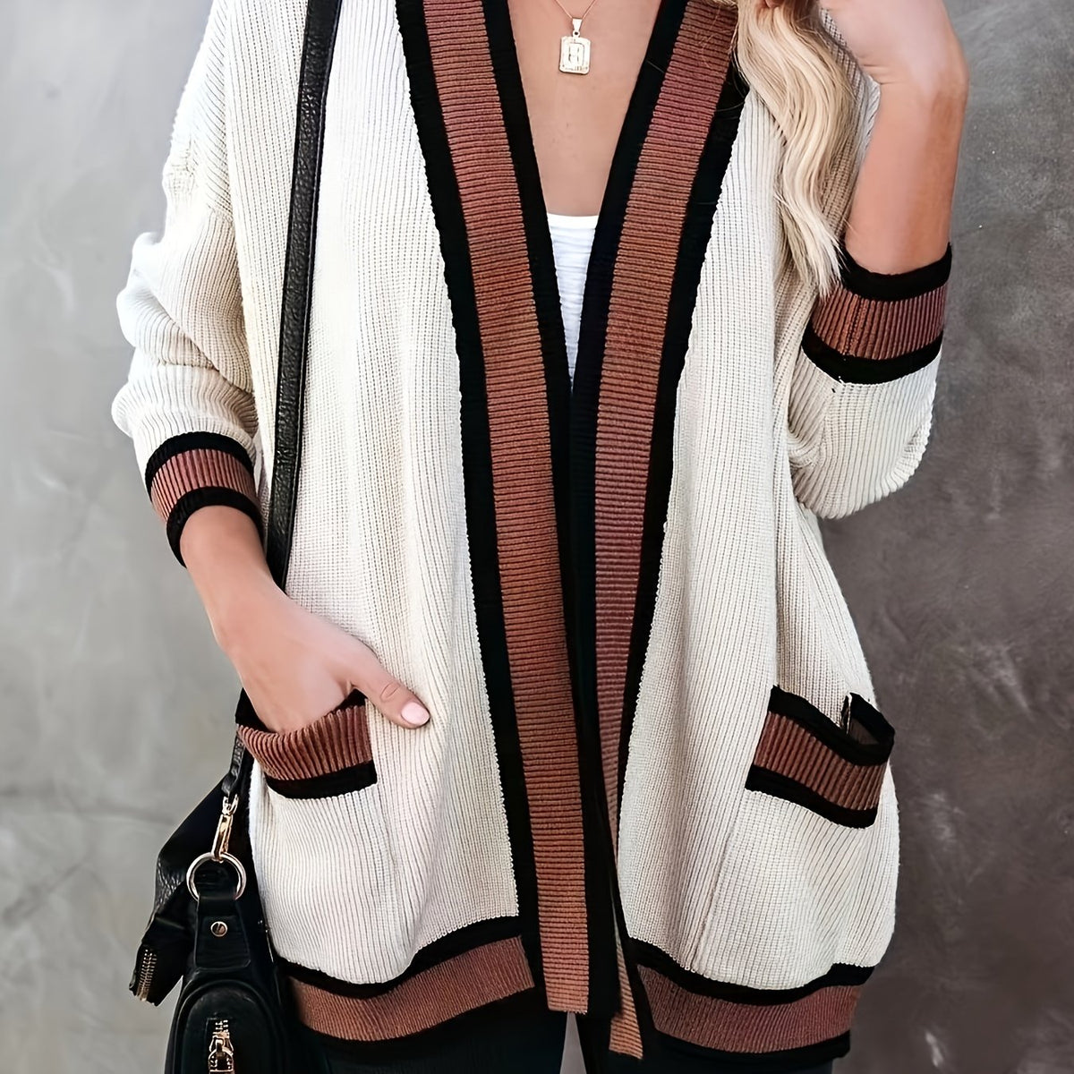  Colorblock Stripe Cardigan Long Sleeve with Pockets