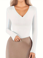 Long Sleeve Shaping Bodysuit V Neck Tummy Control Slimming Body Shaper