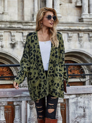  Leopard Print Open Front Cardigan With Pockets