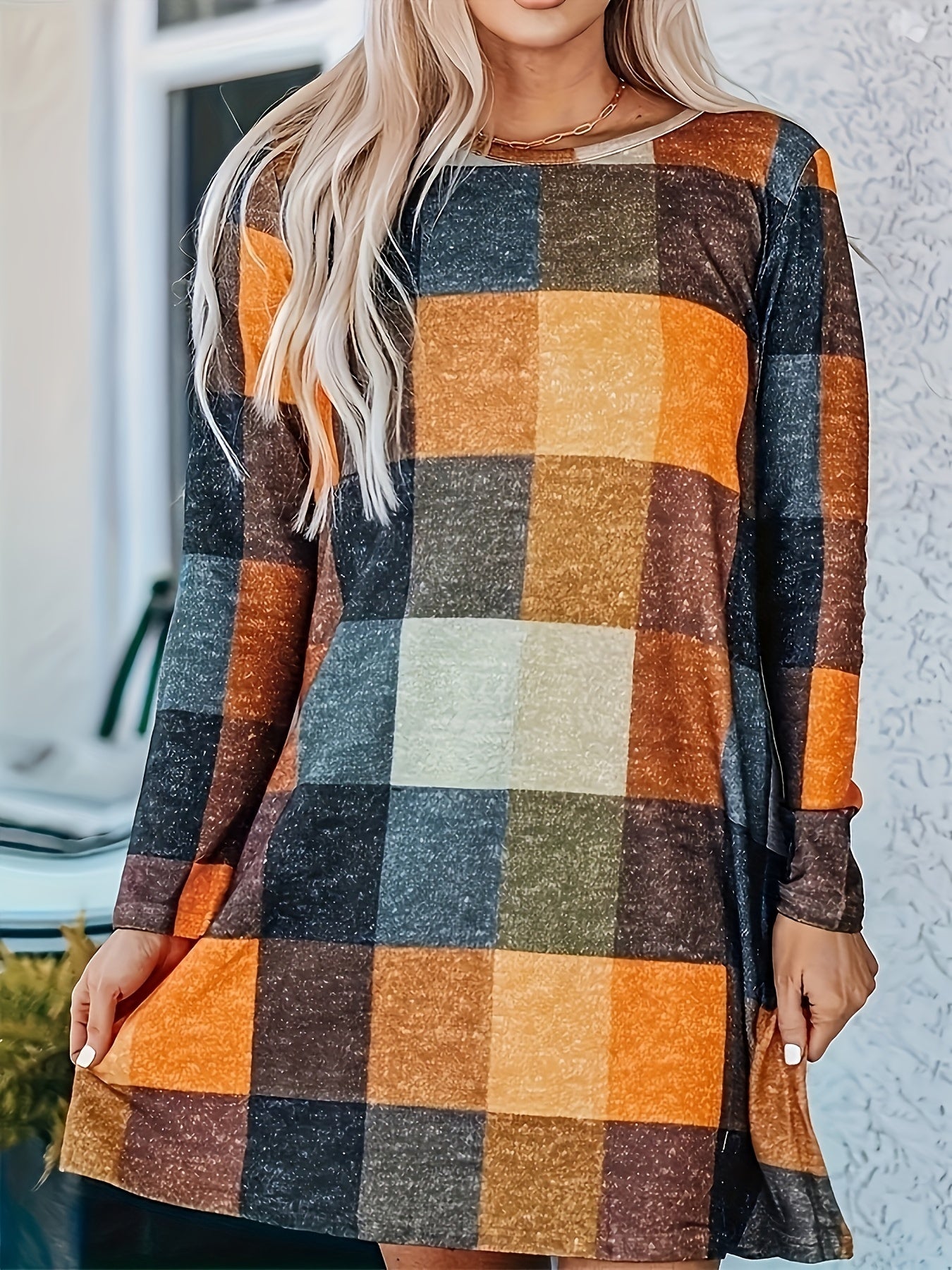  Colorblock Grid Print Long Sleeve Round Neck Dress