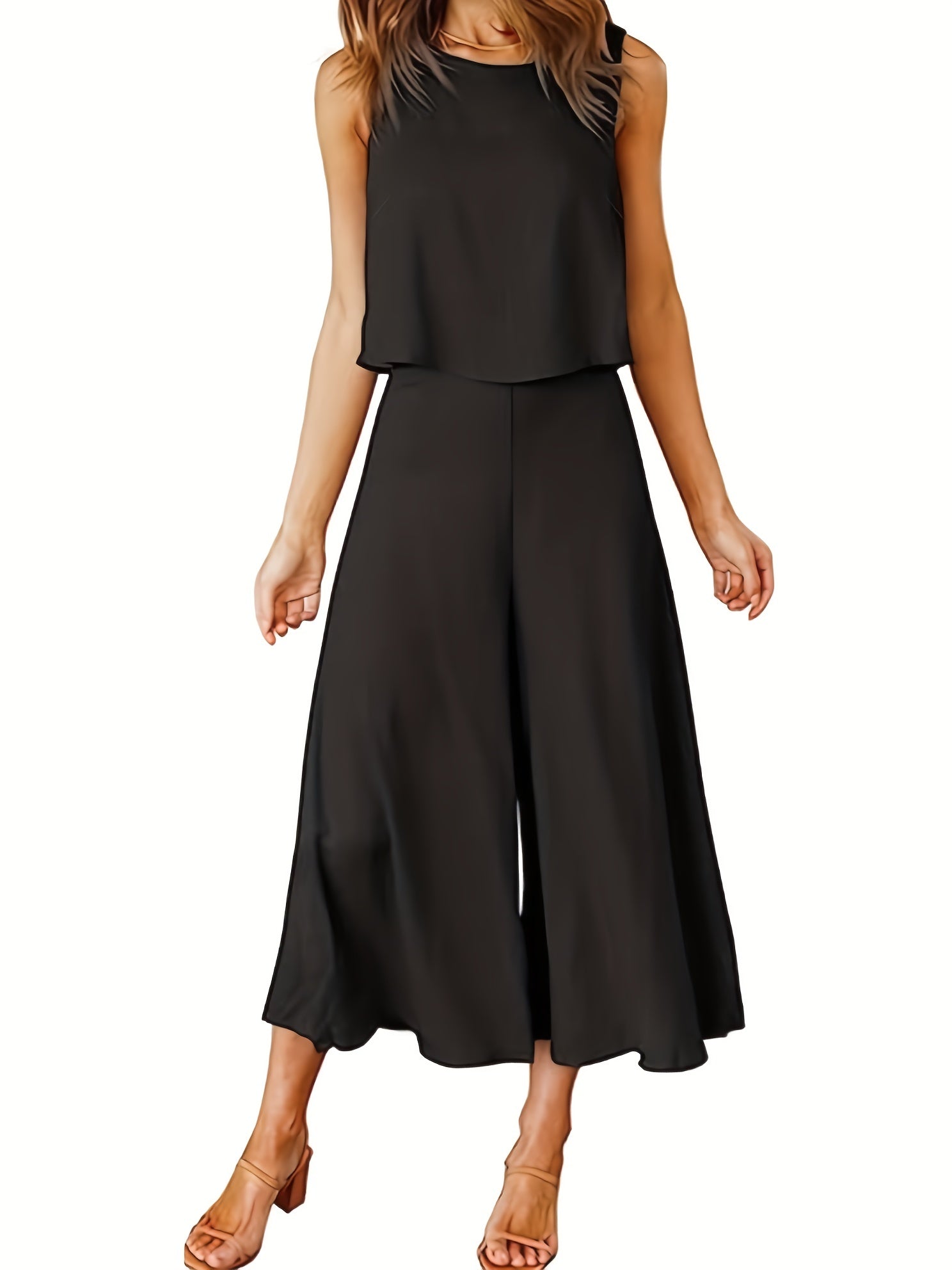  Solid Tank Top & Wide Leg Pants Set