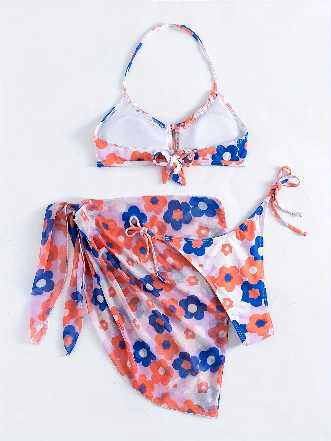 Digital Floral Print Bikini Set with Sheer Wrap Skirt