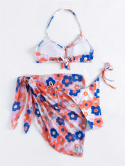 Digital Floral Print Bikini Set with Sheer Wrap Skirt