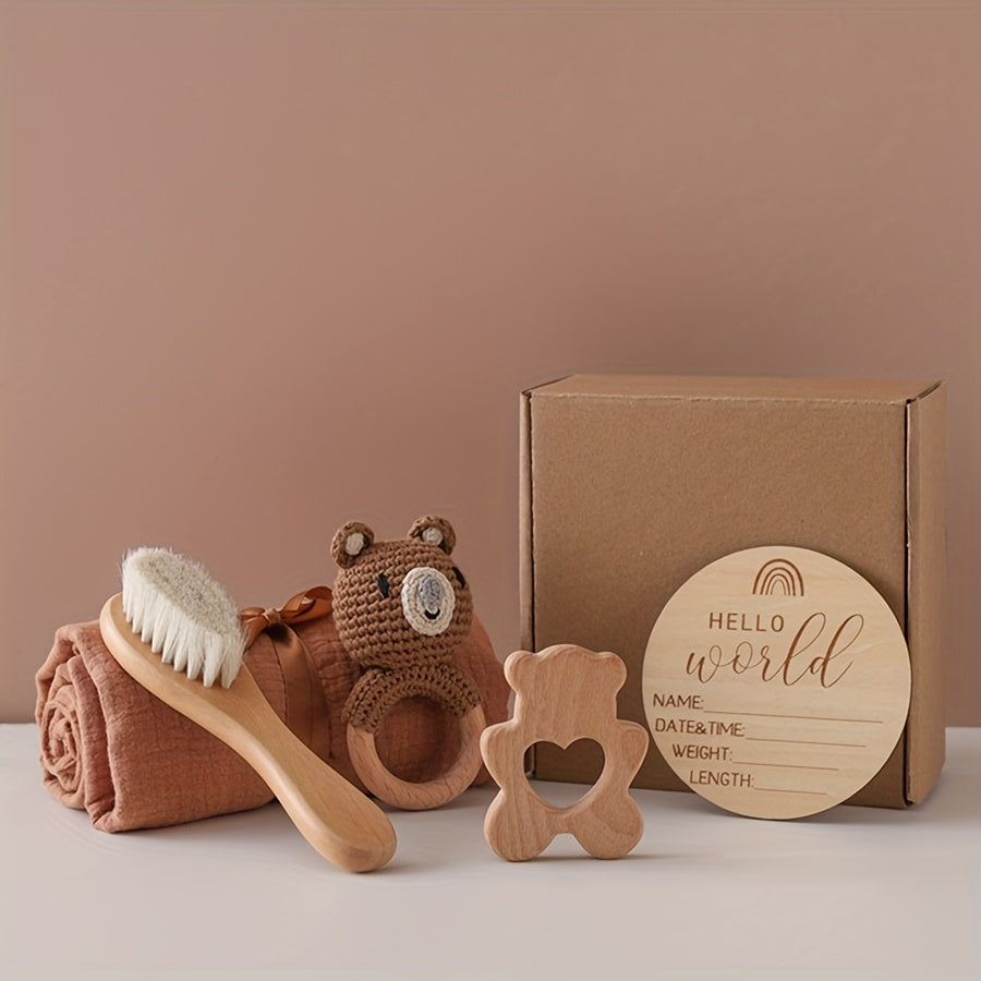 Baby Bath Set Bamboo Towel Rattle Brush Props