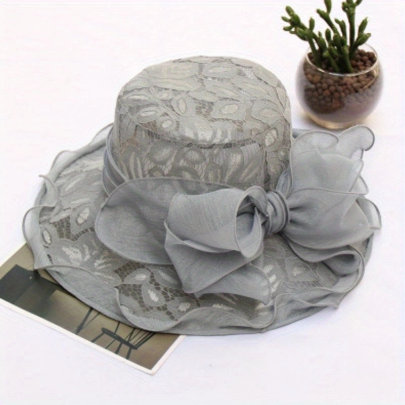 Ruffles Wide Brim Sun Hat Solid Organza Lace Bowknot Derby Hat