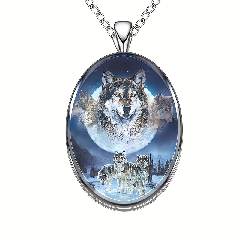 Wolf Round Pendant Necklace Hip Hop Animal Necklace Party Gift