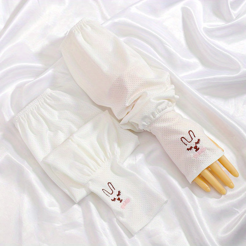 Rabbit Embroidery Long Gloves UV Protection Sleeves for Women