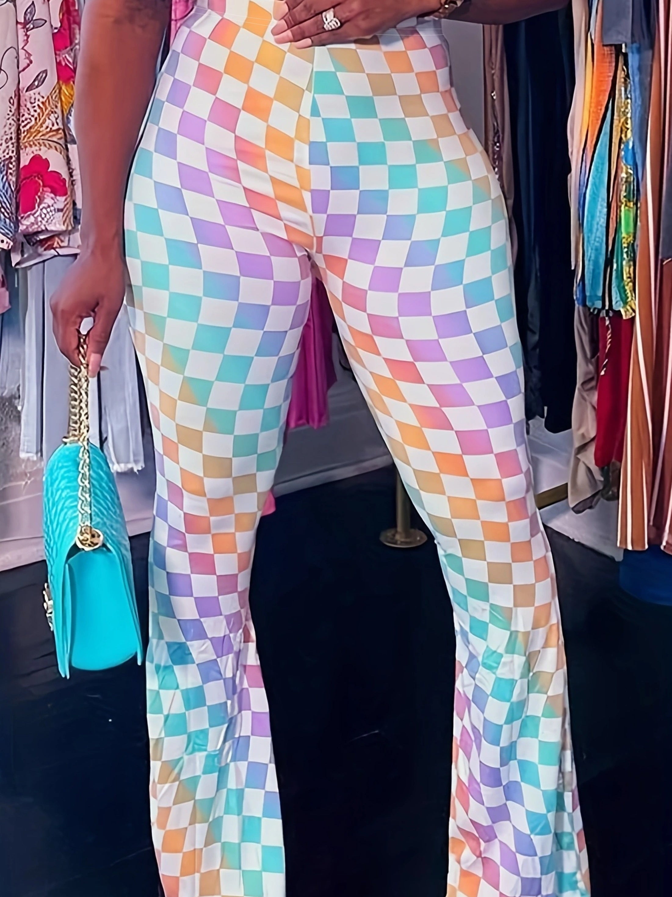  Ombre Checkerboard Print High Rise Flared Leg Trousers
