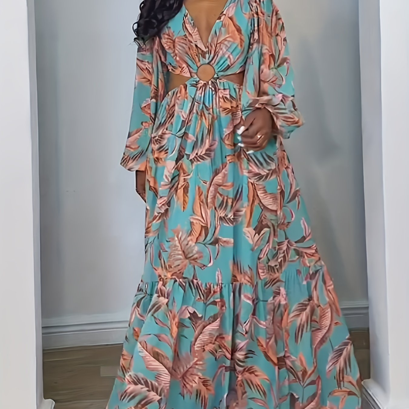  Women's Tropical Print Lantern Sleeve Maxi Dress