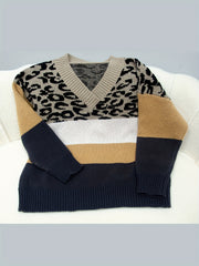 Casual Sweater V Neck Leopard Print Long Sleeve Pullover