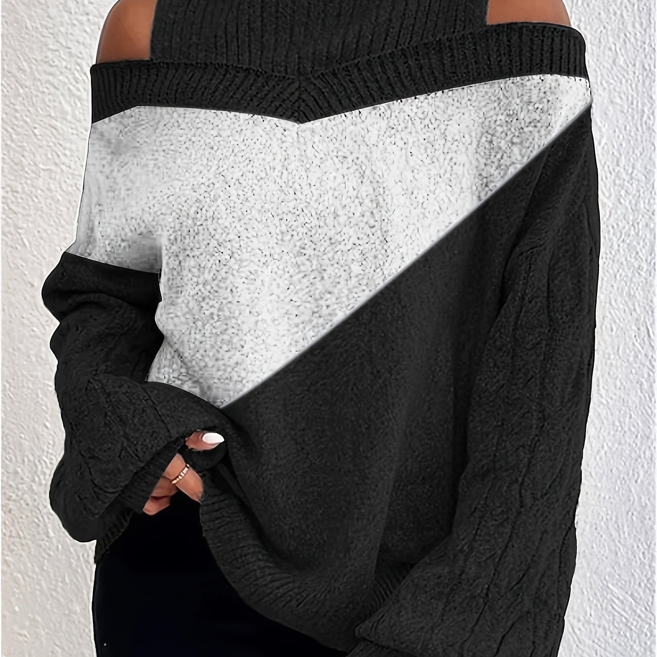  Colorblock Cable Lantern Sleeve High Neck Jumper