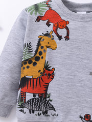Cartoon Animals Print Boys Pullover Sweatshirt Long Sleeve Crew Neck Tops